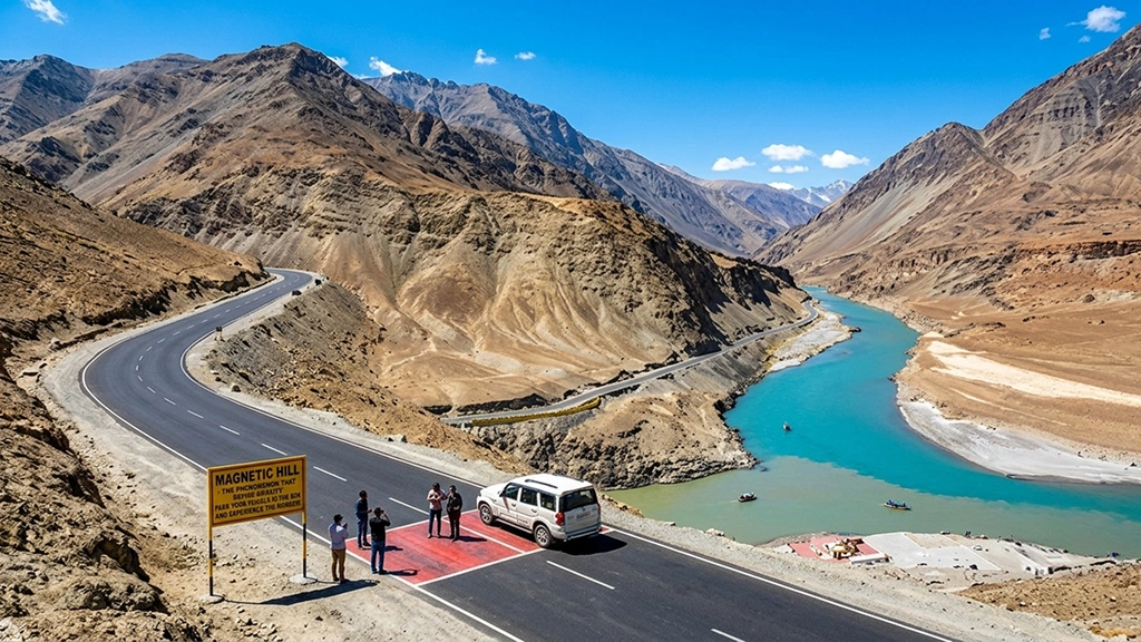 Magnetic Hill and Sangam Point Magnetic Hill near Sangam Point with Indus and Zanskar River confluence