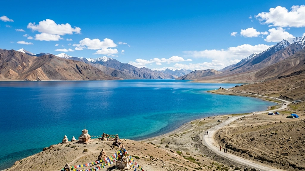 Pangong Tso Lake Ladakh Pangong Tso Lake in Ladakh with crystal clear blue water and Himalayan mountains