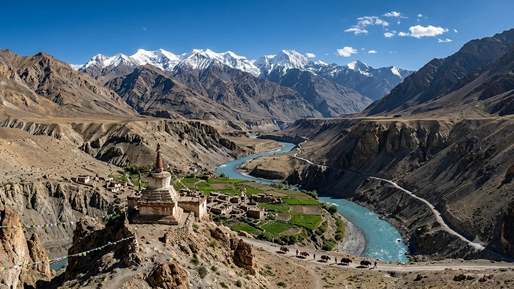 Zanskar Valley Panoramic view of Zanskar Valley with river and remote villages